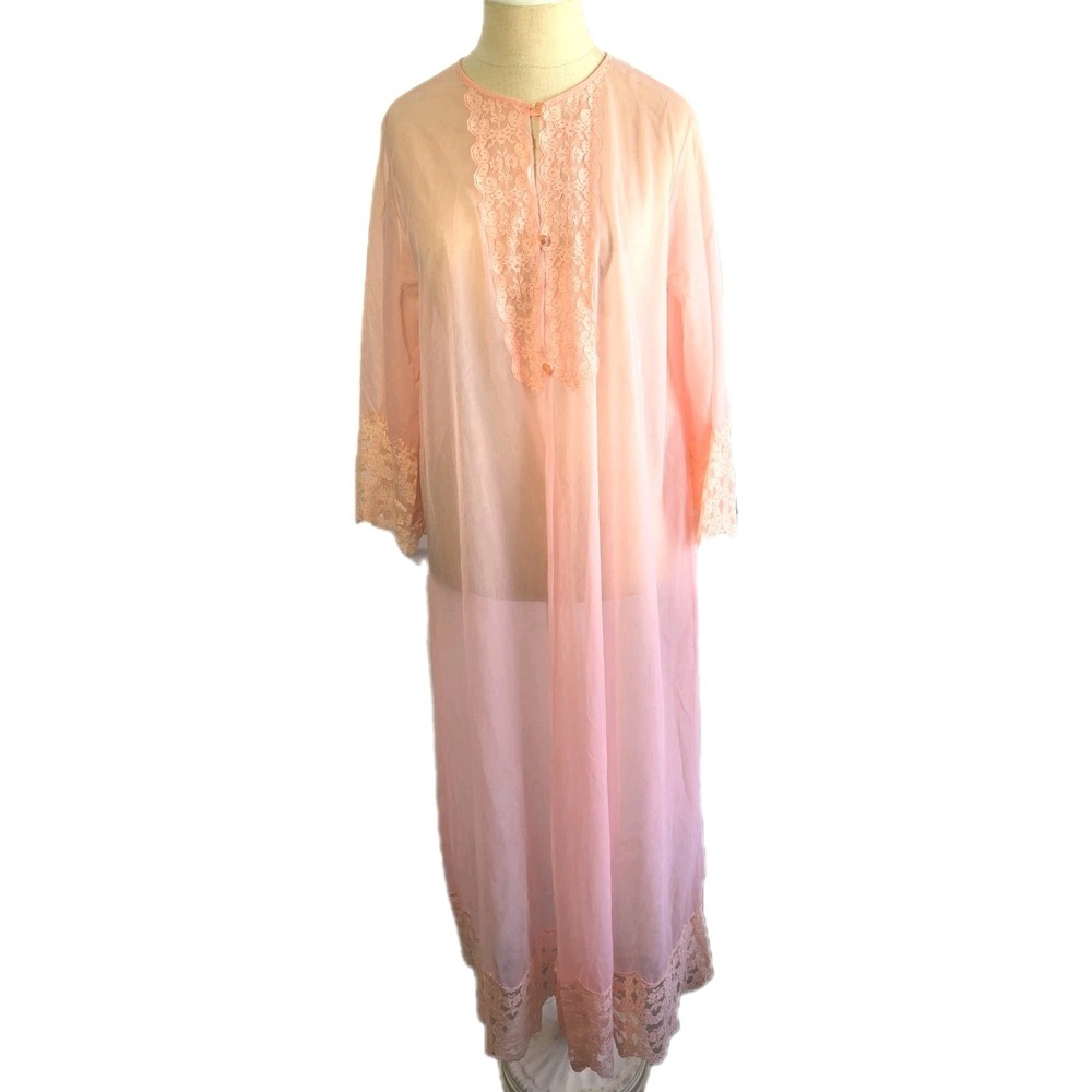 Gilead Vtg Long Dressing Gown Robe Pink‎ Lace Mesh Long Sleeve Size M Lingerie